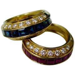 Pair of Ruby Sapphire Diamond Gold Rings