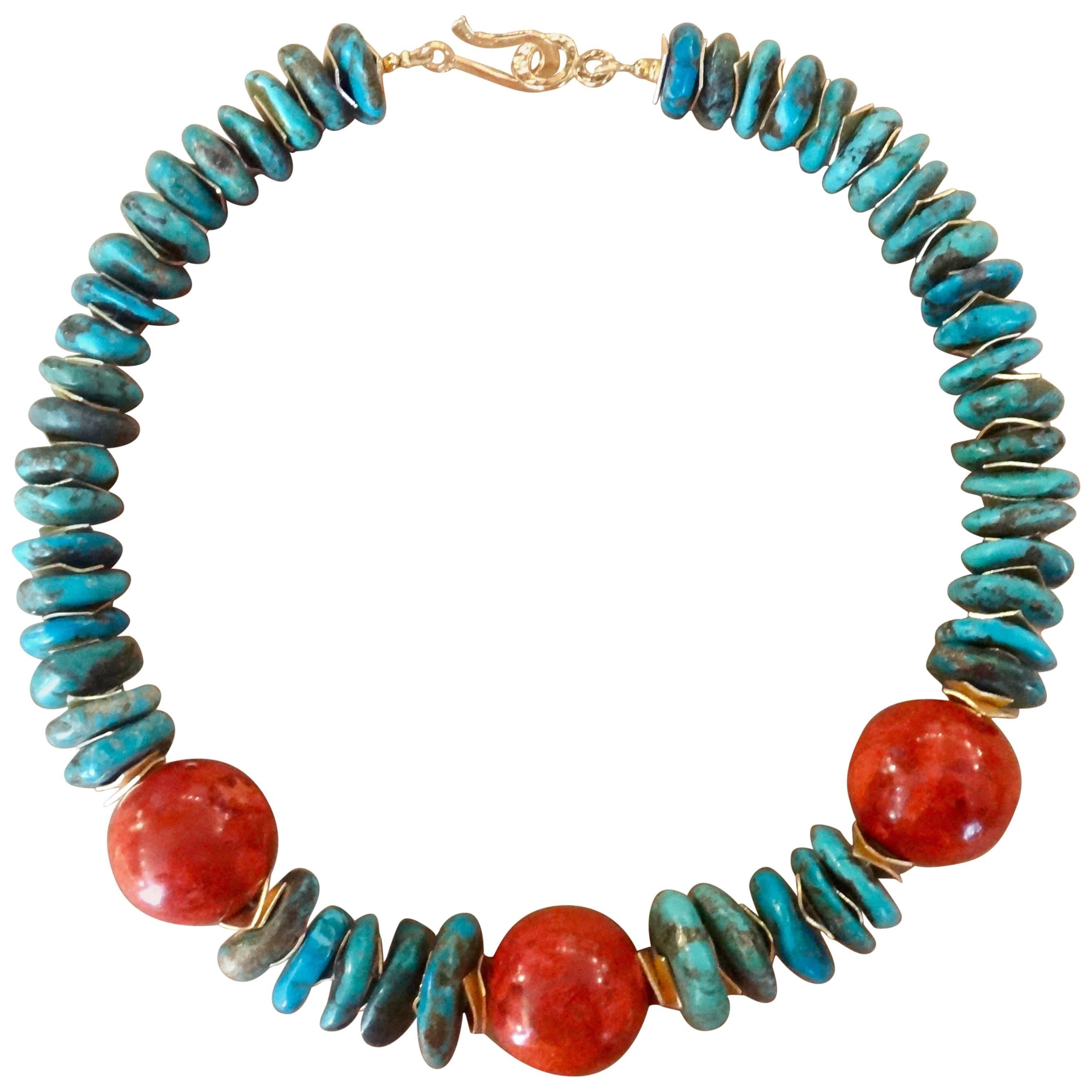Michael Kneebone Fossil Coral Nugget Turquoise Bead Necklace For Sale