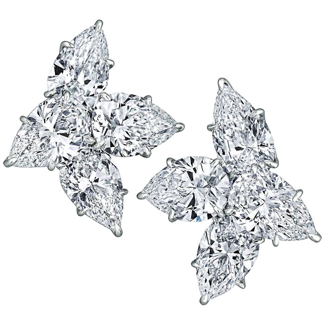 Pear Cut Cluster Diamond Platinum Handmade Clip Earrings