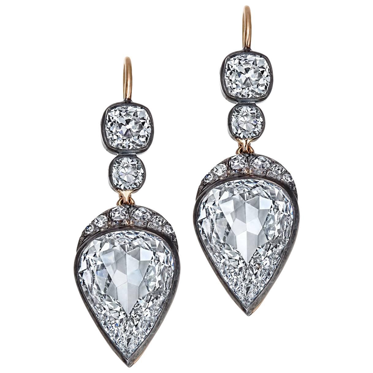 Old Mine Pear Cut GIA Certified Diamond Gold Silver Drop Earrings