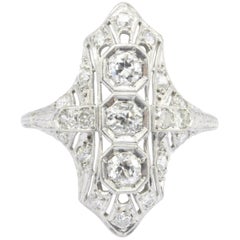 Art Deco Platinum and Diamond Three-Stone Shield Ring