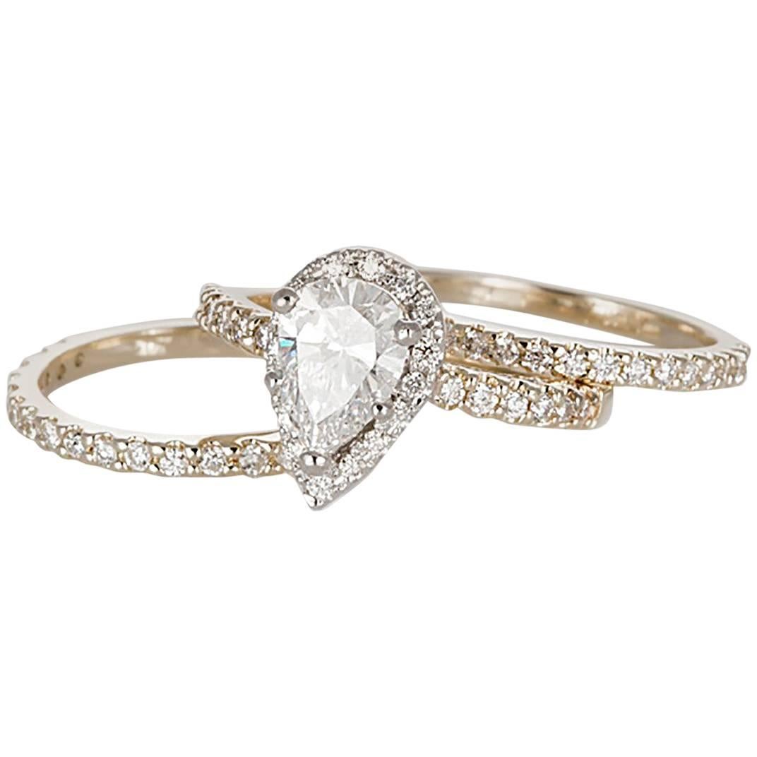 Diamond Halo Engagement Ring and Wedding Band Set 14 Karat Two-Tone Gold