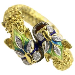 Vintage Pave Diamond Enamel Double Serpent Head Bracelet