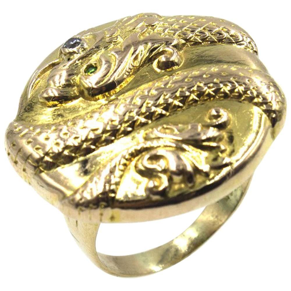 Textured 14 Karat Yellow Gold Snake Ring Diamond Emerald Accent