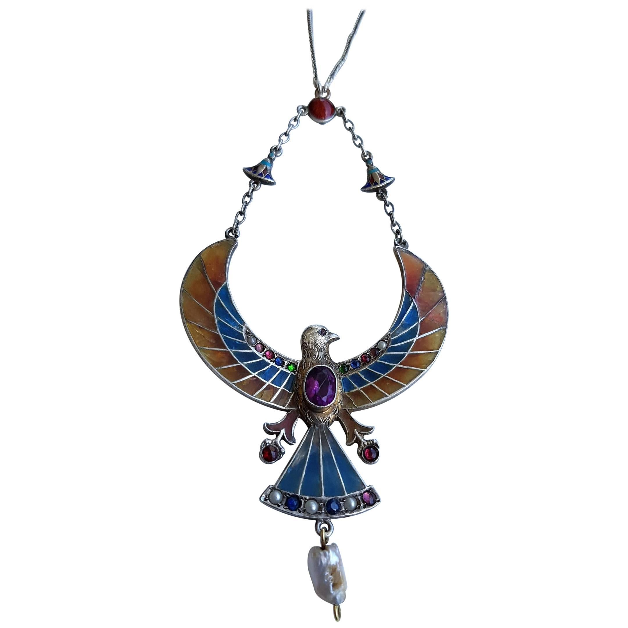 Egyptian Plique-a-Jour Winged Falcon Necklace For Sale