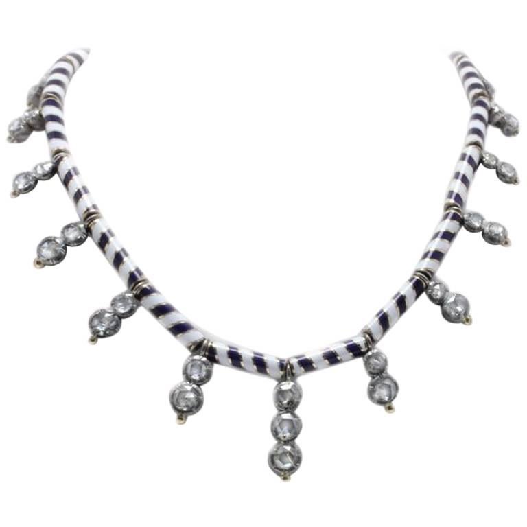  Old Cut Diamonds, White and Blue Enamel Rose Gold  and Silver Link Necklace