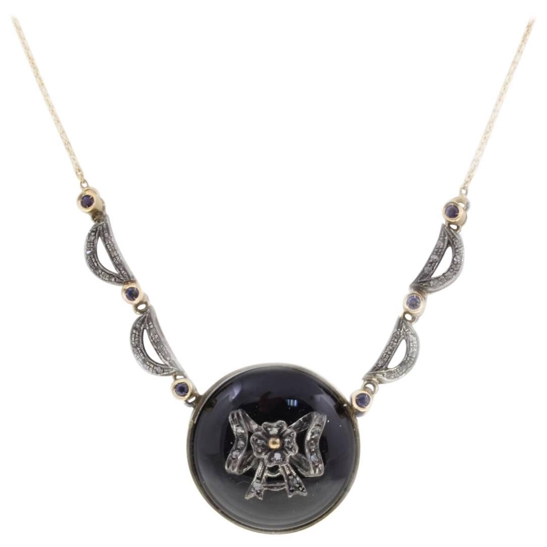 Diamonds, Blue Sapphires, Onyx Rose Gold and Silver Pendant Necklace For Sale