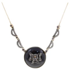 Diamonds,Blue Sapphires,Onyx Rose Gold and Silver Pendant Necklace