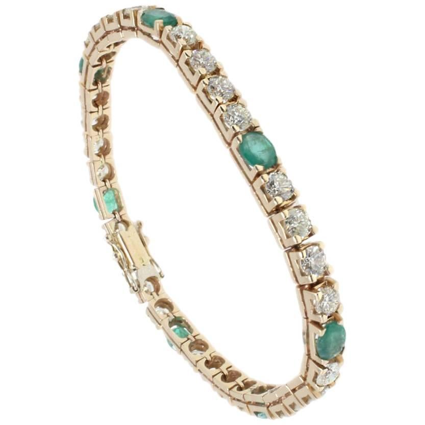 9.47 ct Diamonds, 3.92 ct Emeralds Rose Gold Tennis Bracelet