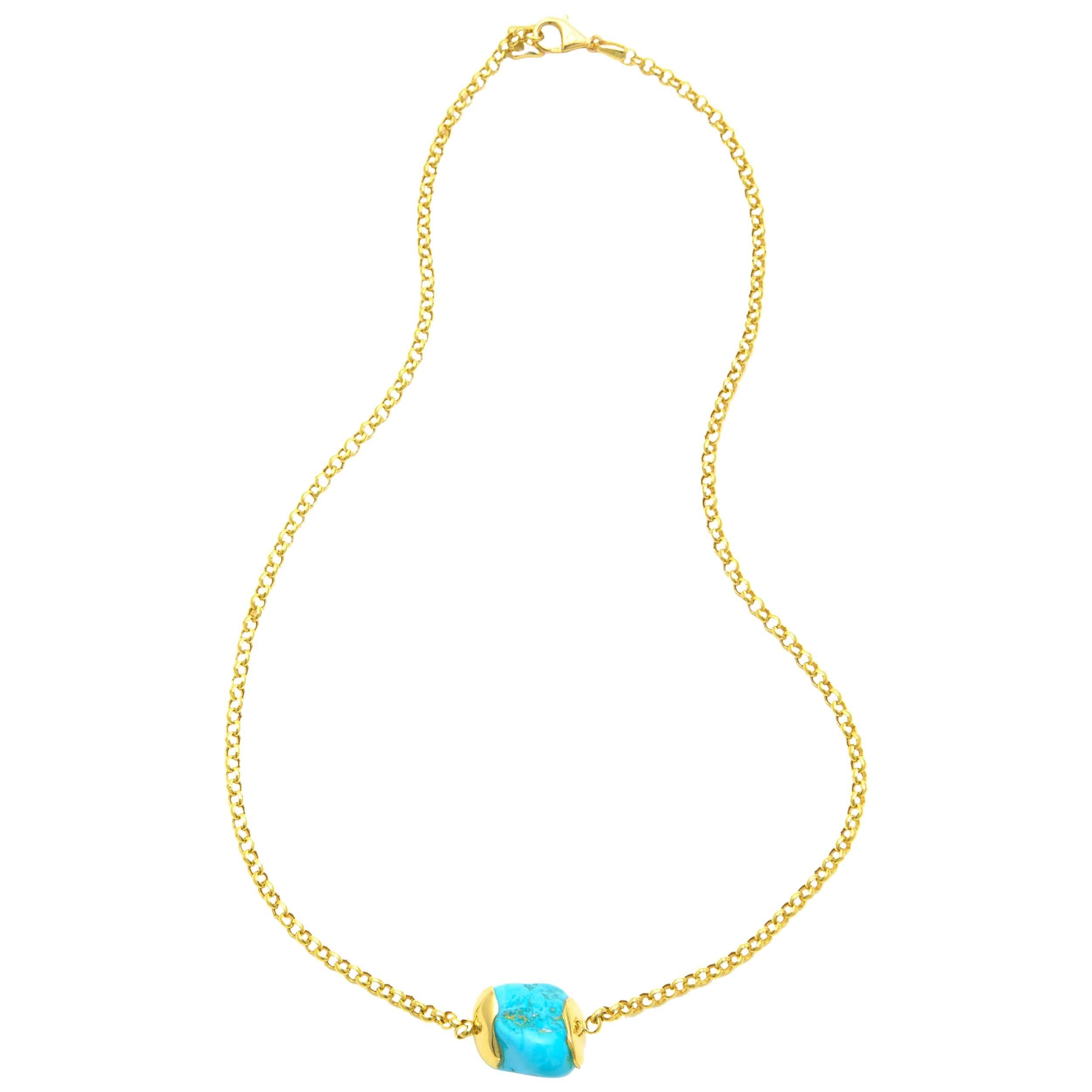 Tumbled Turquoise stone , 18 kt  Carat Yellow Gold modern classic chic necklace