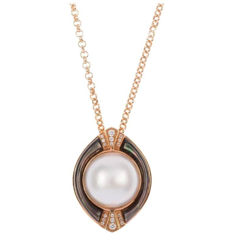 18 Carat Rose Gold Mabe Pearl Diamond Pendant For Sale