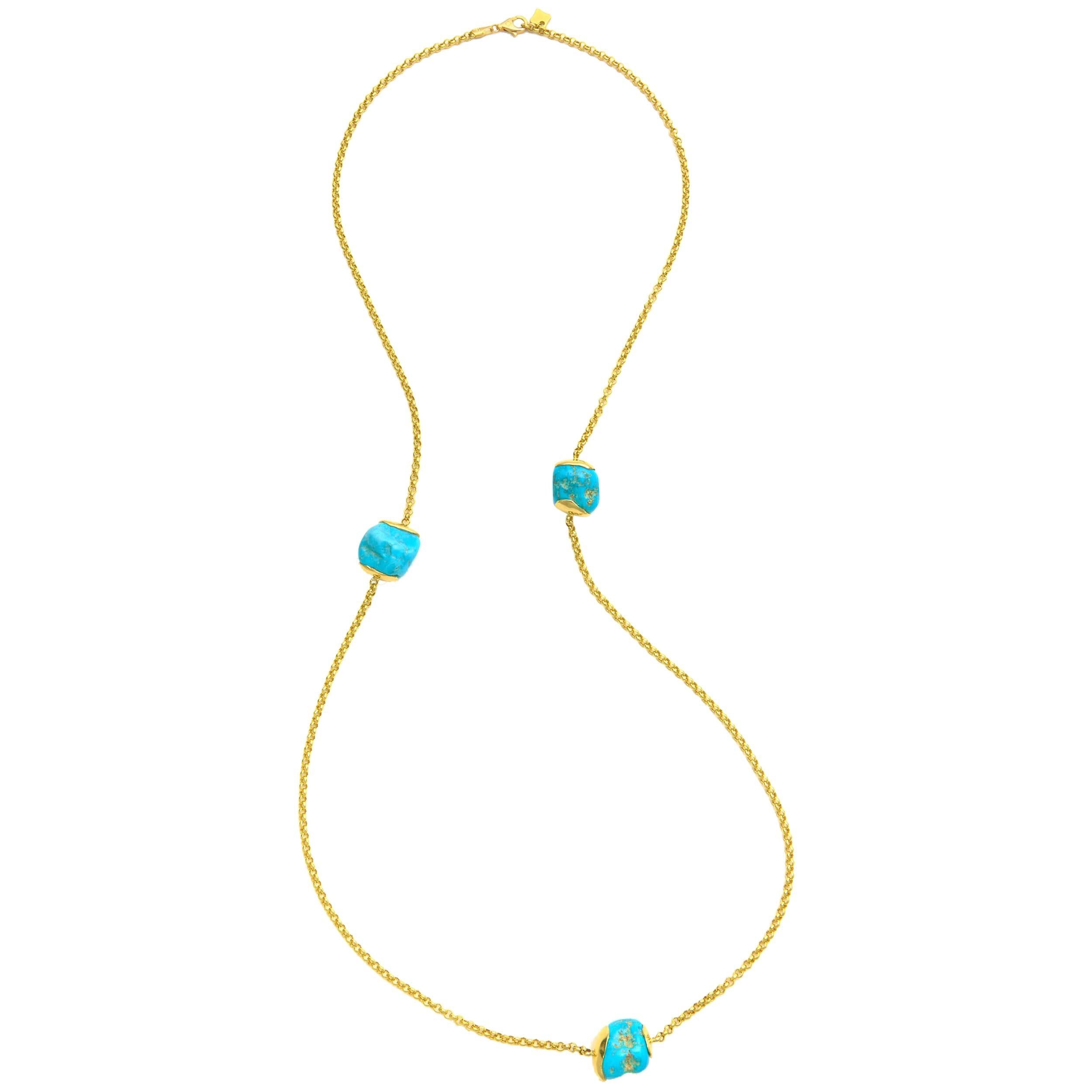 MAVIADA's Tumbled Turquoise Series , 18 Karat Yellow Gold modern necklace, 70cm For Sale