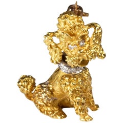 Vintage Gold Poodle Dog Pin with Diamond Collar and Eyes