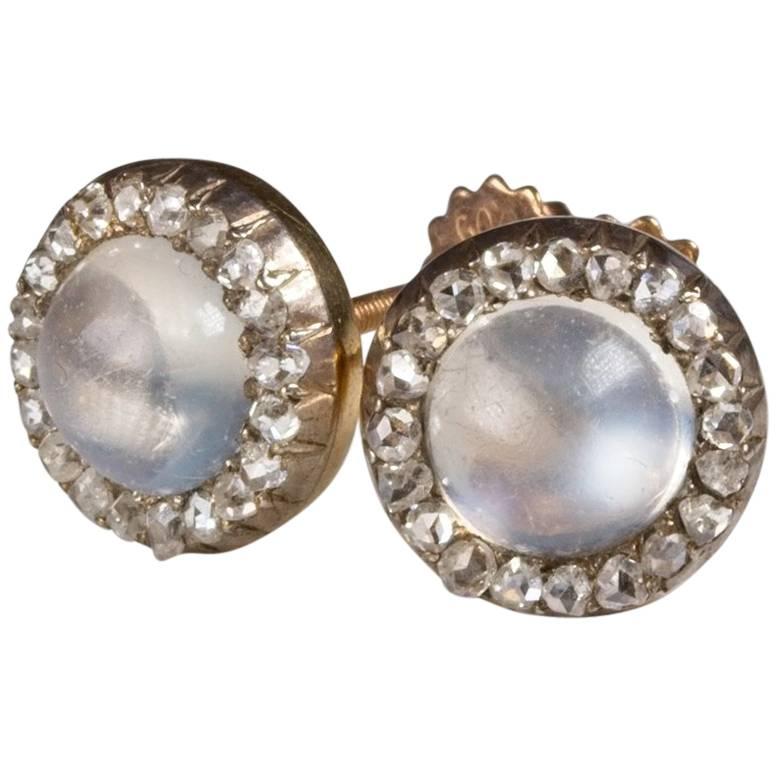 Moonstone Diamond Antique Daisy Cluster Stud Earrings For Sale