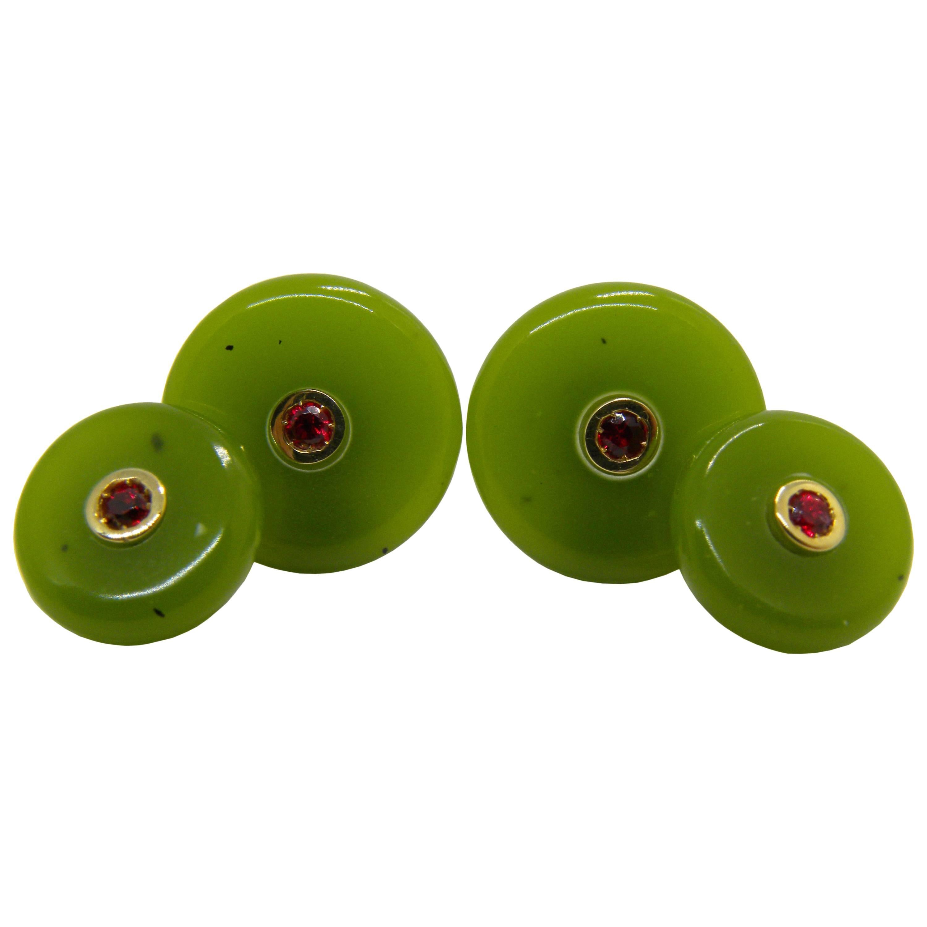 Berca Ruby in a Round Hand Inlaid Jade Setting 18 Karat Yellow Gold Cufflinks For Sale