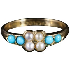 Antique Victorian Turquoise and Pearl Ring 18 Carat Dated Birmingham, 1900