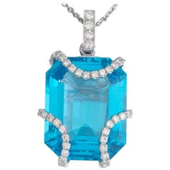 Eli Frei Designer 11 Carat Blue Topaz and Diamond 18 Karat Gold Pendant Necklace