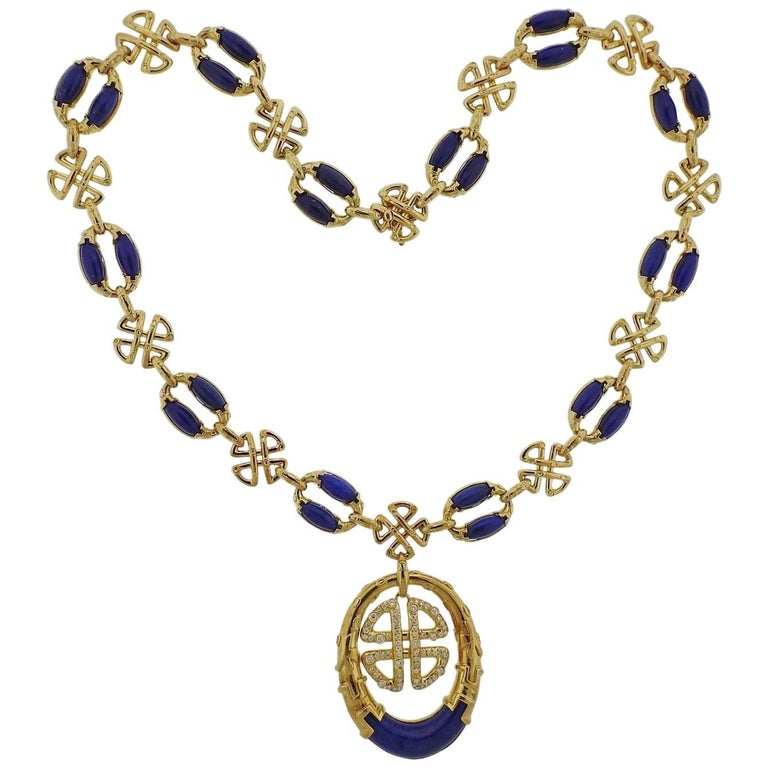 1980s Neiman Marcus Lapis Diamond Gold Pendant Necklace at