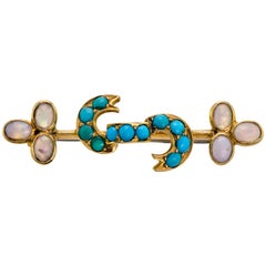 Diminutive Antique Opal, Turquoise and Yellow Gold Bar Pin Brooch
