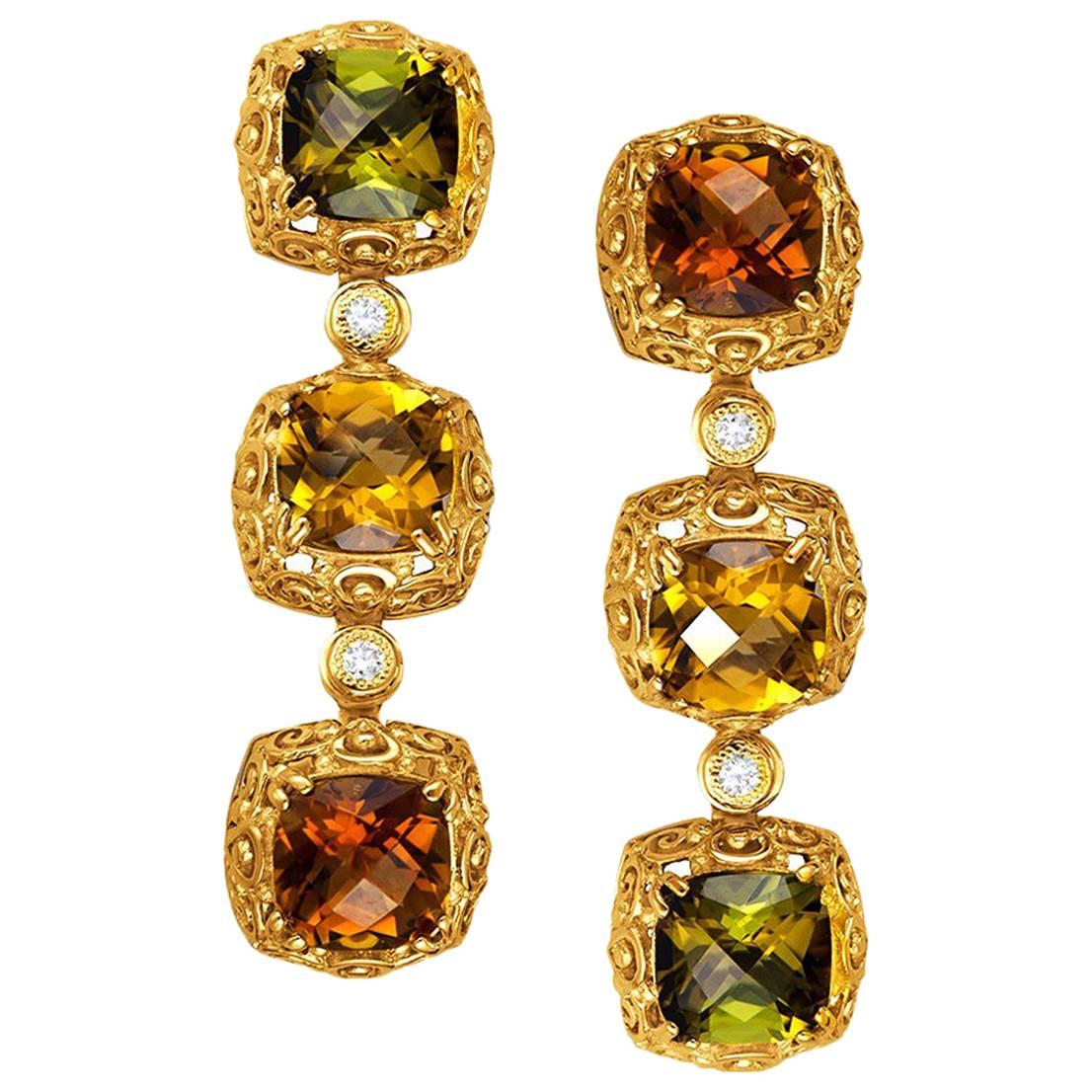 Tourmaline Diamond Gold Byzantine Drop Earrings One of a Kind