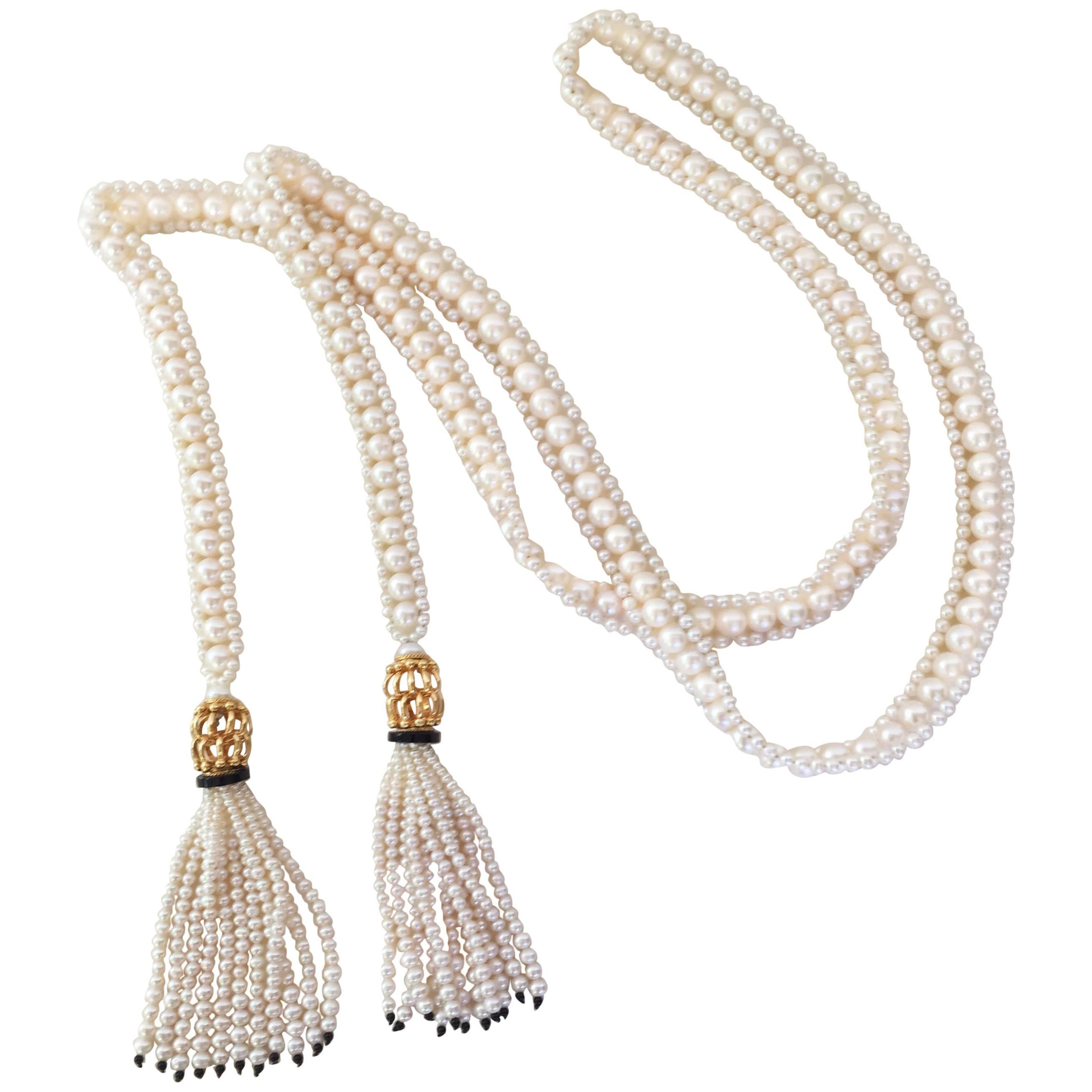White Woven Pearl Sautoir with Pearl Tassels and Onyx Detailing by Marina J