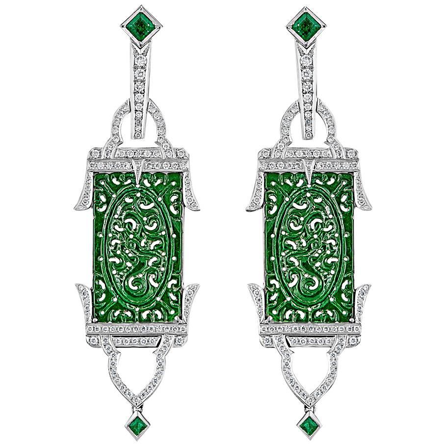 Art Deco Jadeite, Emerald and Diamond White Gold Earrings