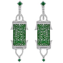 Art Deco Jadeite, Emerald and Diamond White Gold Earrings