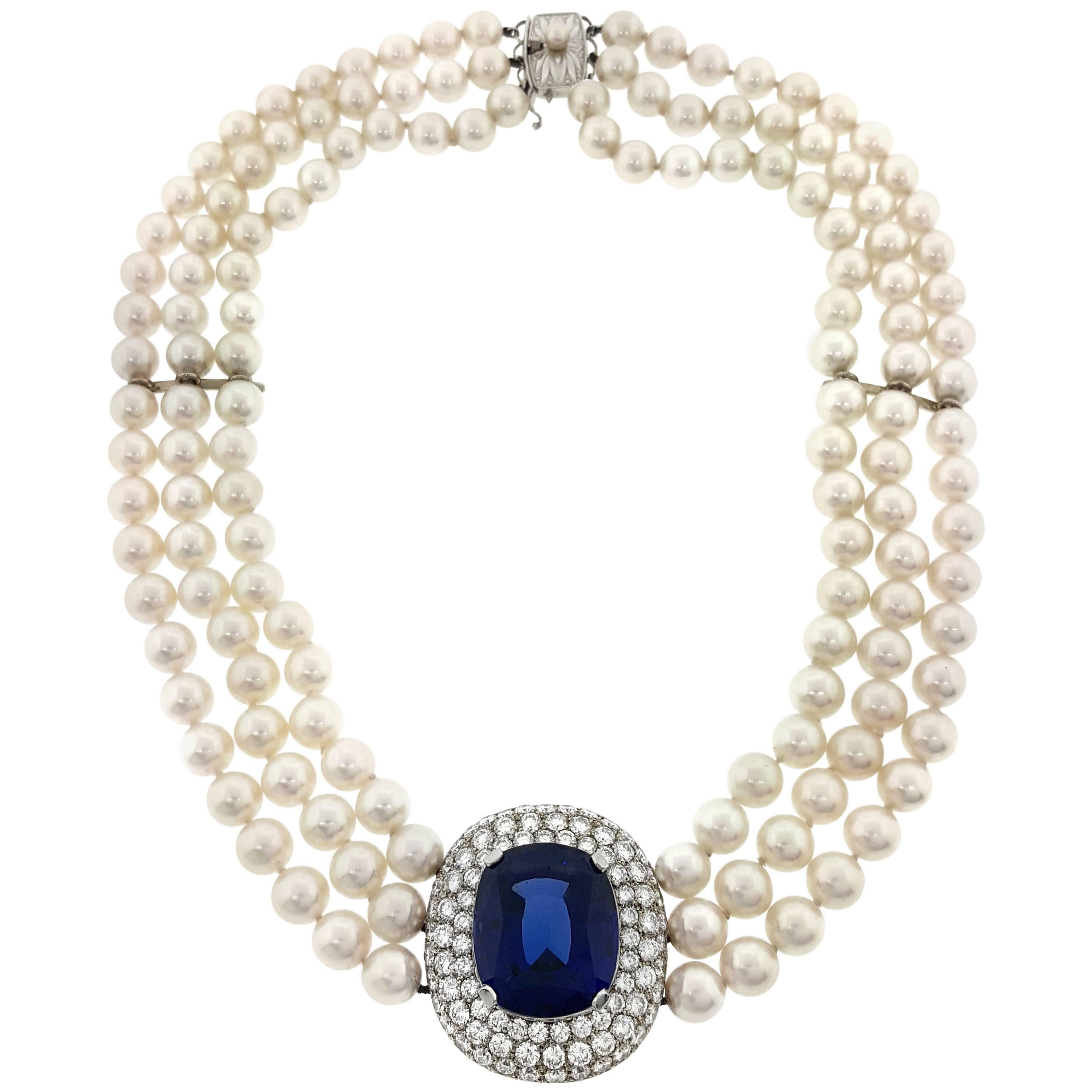 Mikimoto Tanzanite, Diamond and Pearl Choker Necklace in 18 Karat White Gold For Sale