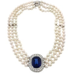 Mikimoto Tanzanite, Diamond and Pearl Choker Necklace in 18 Karat White Gold