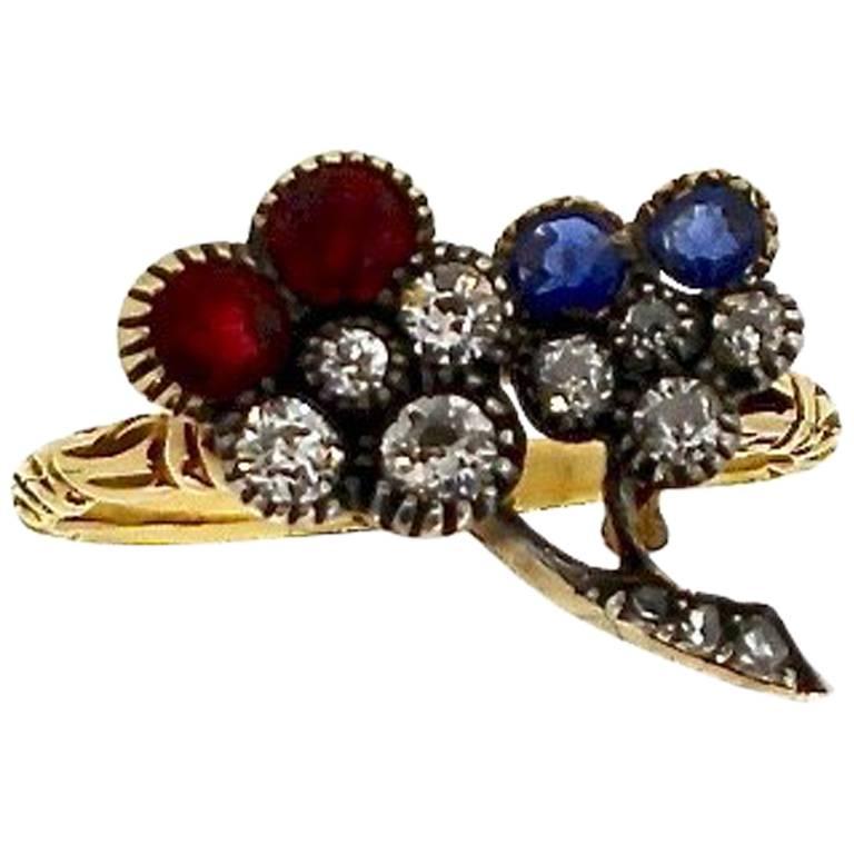 Late Victorian Ruby Sapphire Diamond Pansy Flower Gold Ring