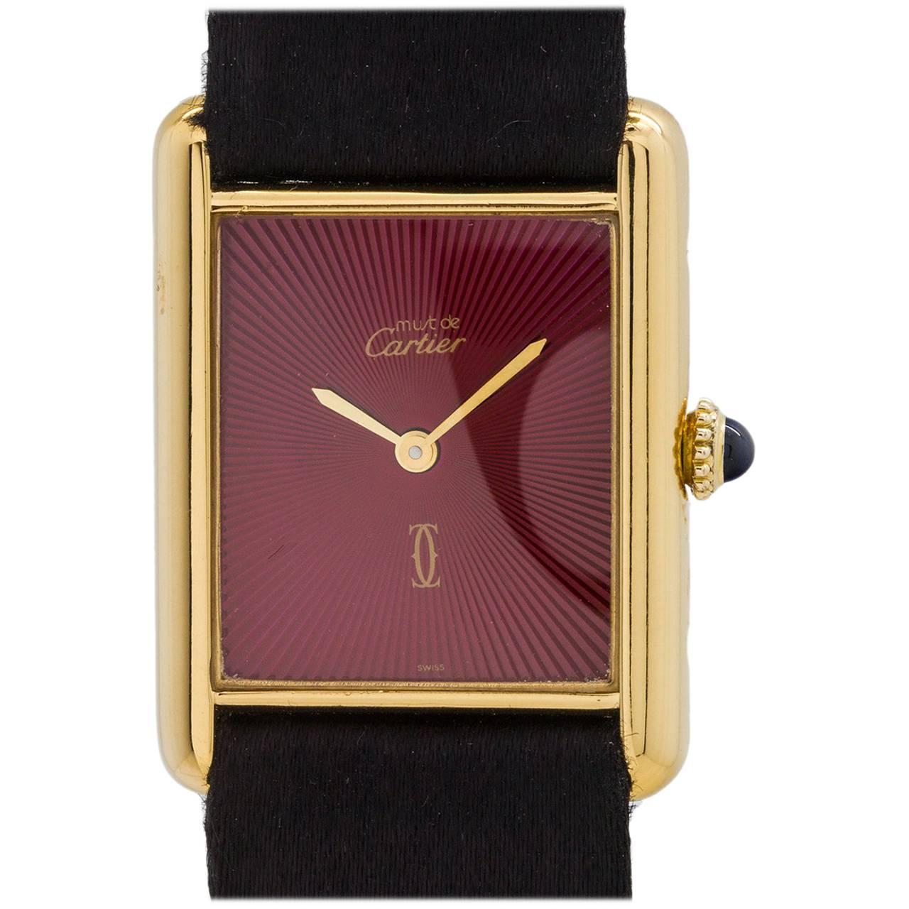 Cartier Vermeil Tank Louis Must de Cartier Burgundy Sunburst Manual Wristwatch