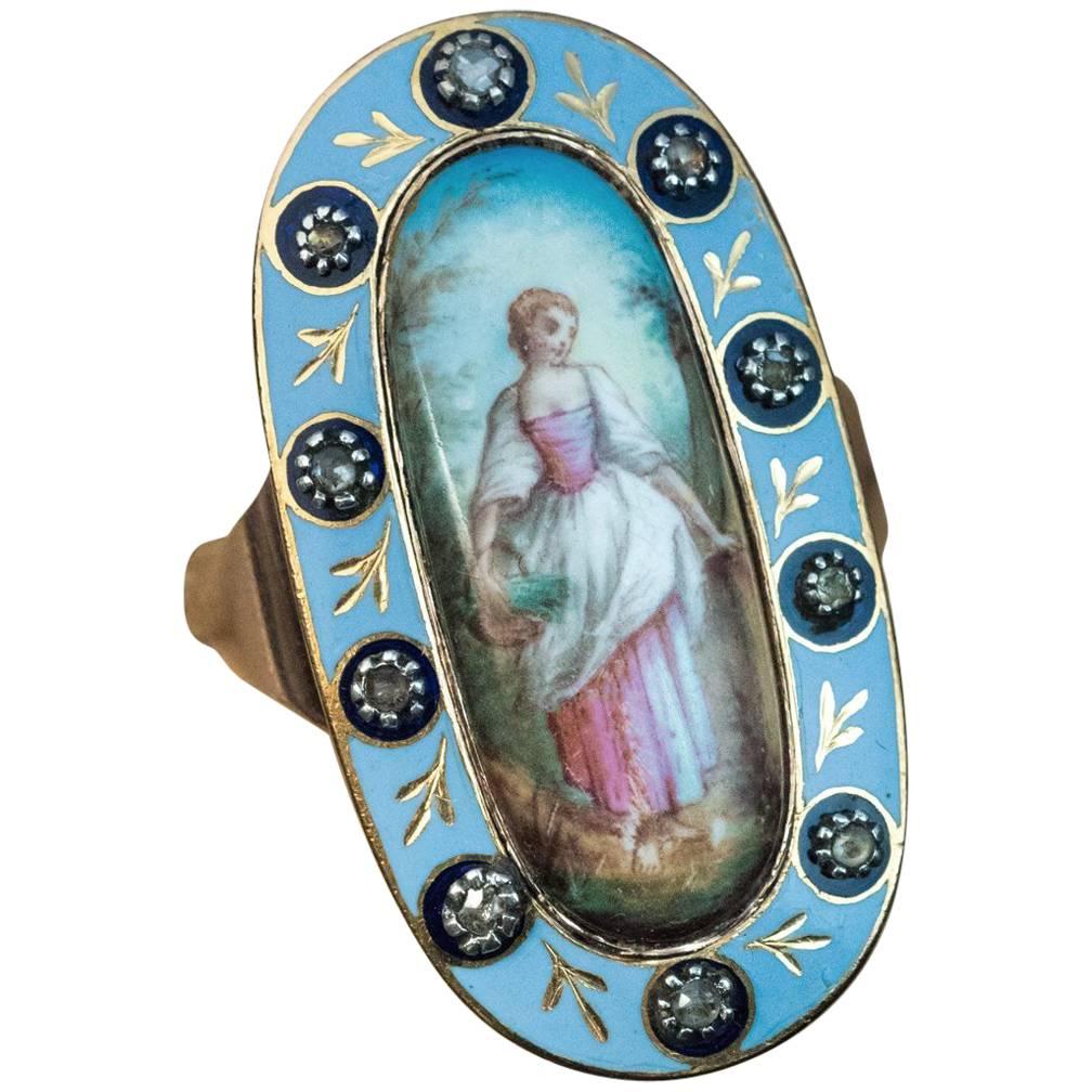 Antique Georgian Enamel Diamond Gold Ring For Sale