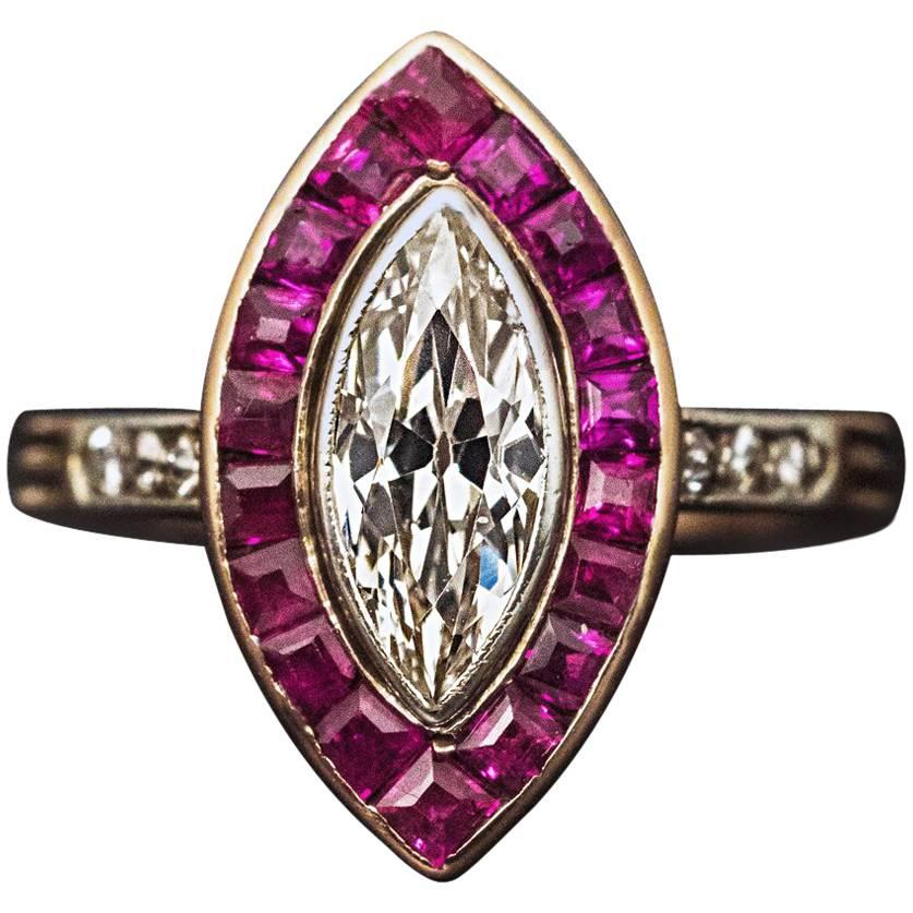Antique Marquise Shape Diamond Ruby Engagement Ring