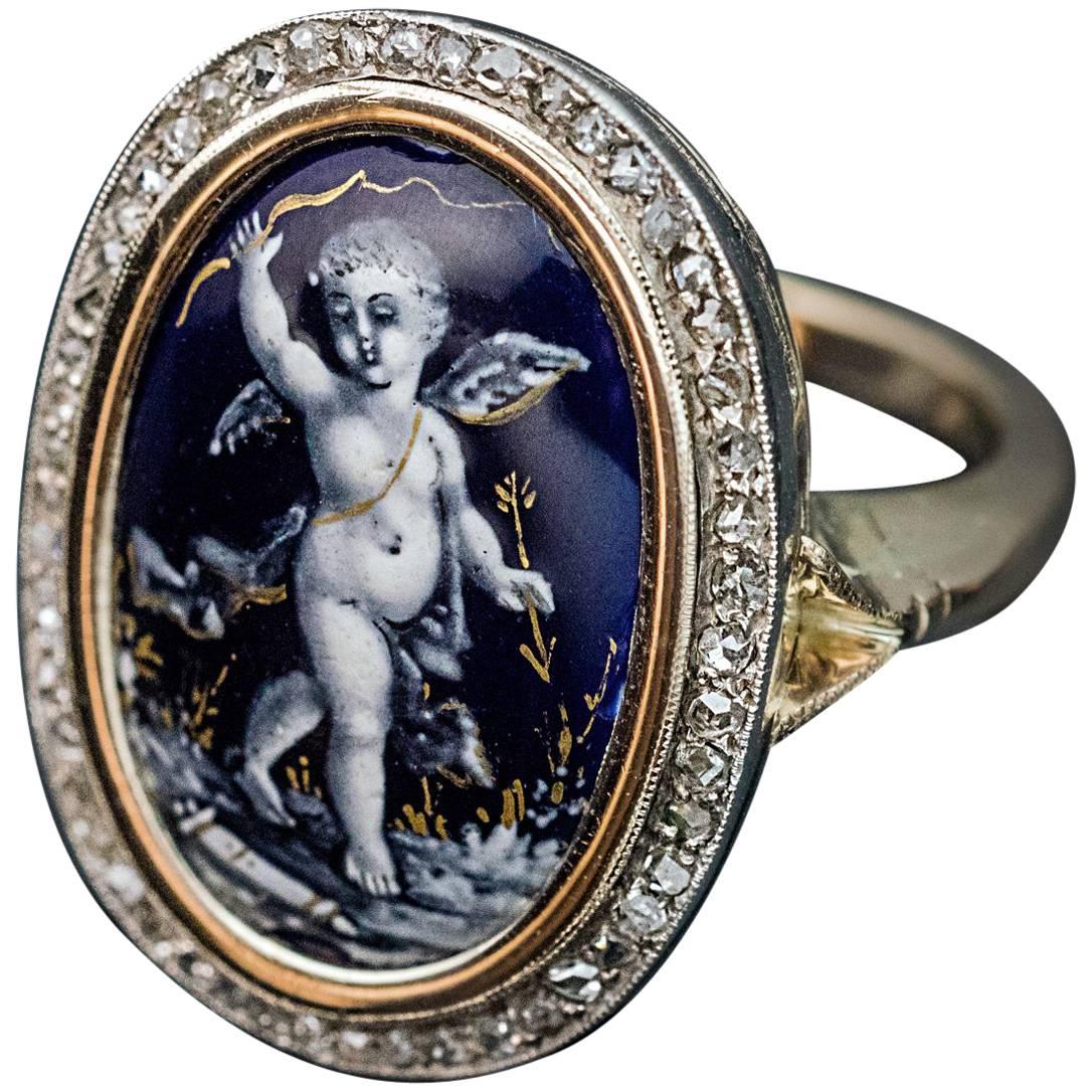 Antique Limoges Enamel Diamond Gold Victorian Ring