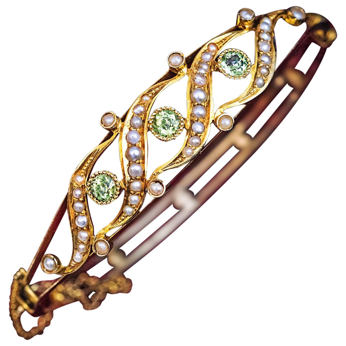 Belle Epoque Antique Peridot Pearl Gold Bangle Bracelet