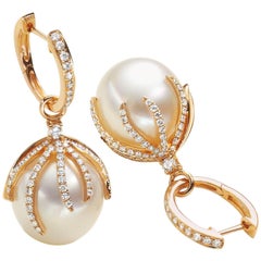 Carlos Udozzo Brilliant Cut Diamonds Rose Gold Freshwater Pearl Earrings