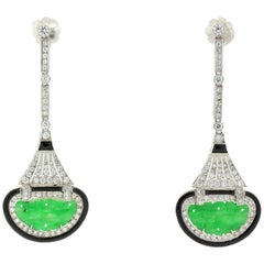 Jade Onyx Diamond Platinum Dangling Earrings