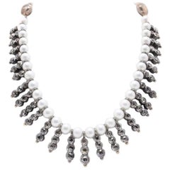 17.12 ct Old Cut Brown Diamonds, Pearls Rose Gold Silver Beaded Link Necklace