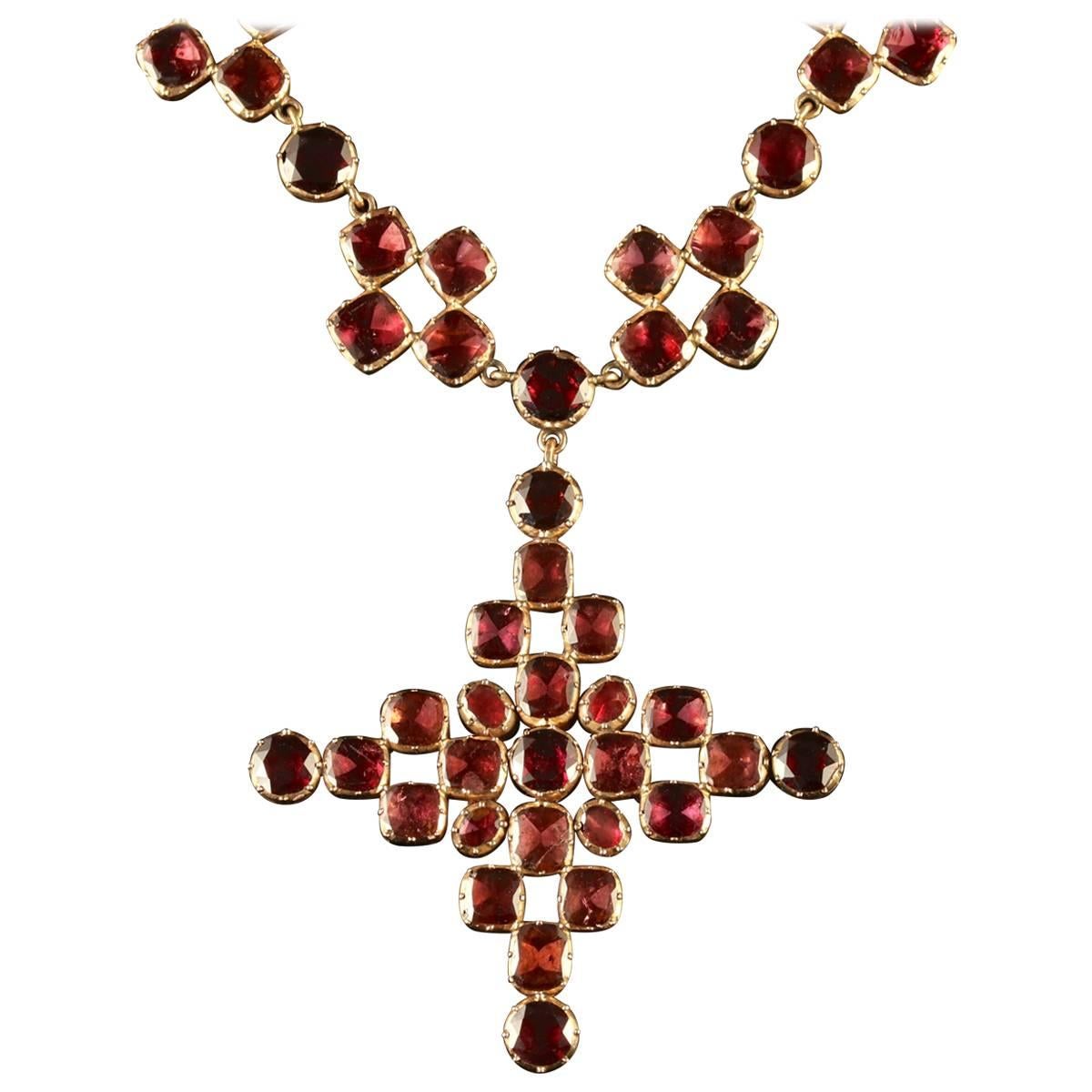 Antique Georgian Flat Cut Garnet Gold Collar and Cross, circa 1770