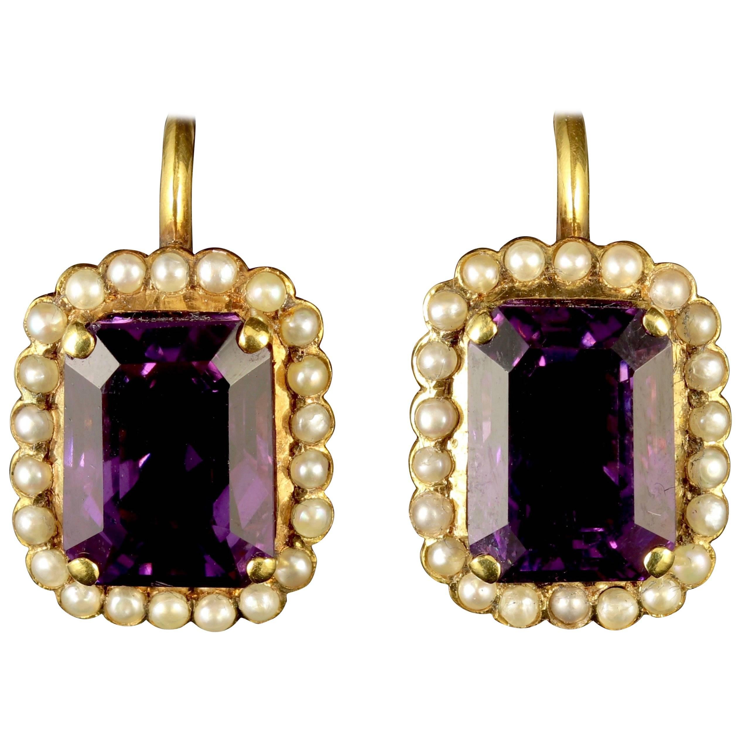 Antique Victorian Gold Amethyst Pearl Earrings 18 Carat Gold, circa 1900