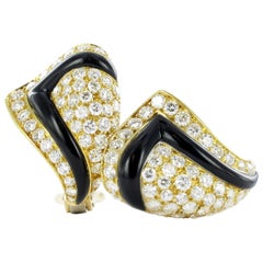 Pair of 18 Karat Gold, Black Chalcedony Diamond Earclips