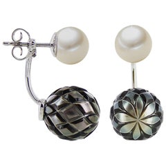 Carlos Udozzo 18 Karat White Gold Engraved Tahitian and Akoya Pearl Earrings