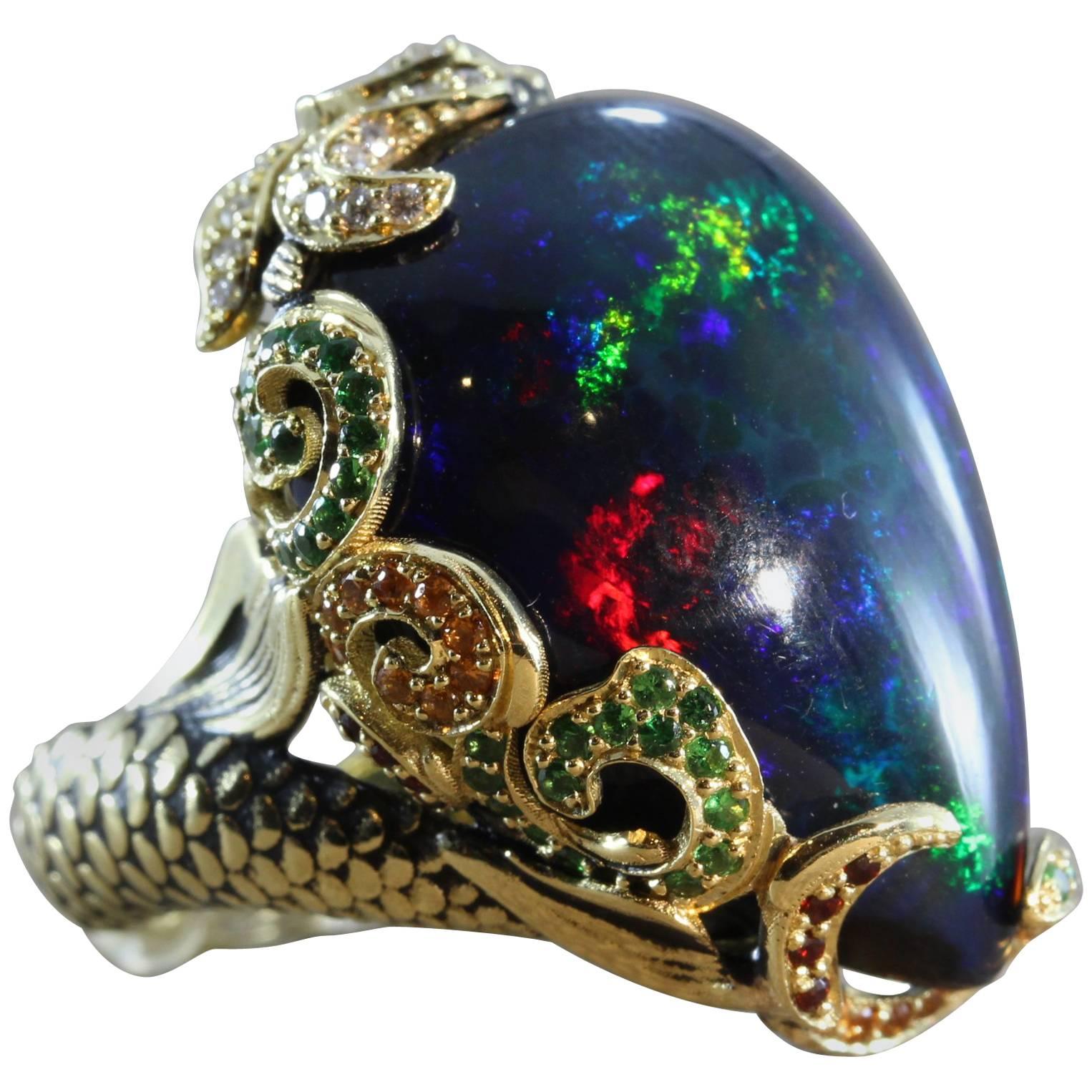Black Opal Diamond Tsavorite Garnet Gold Mermaid Ring