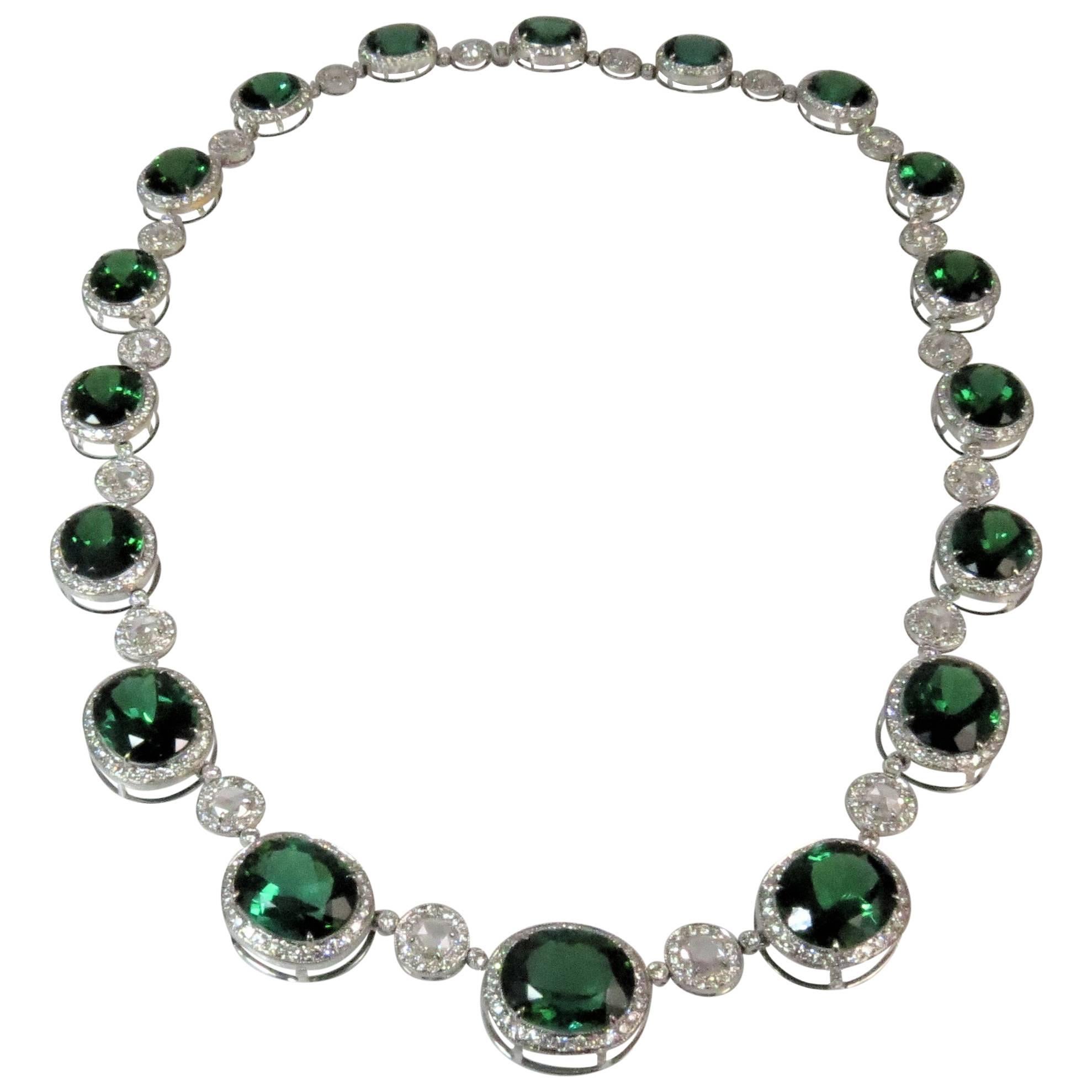 18 Karat White Gold Necklace with Green Tourmalines and Rosecut Diamonds For Sale