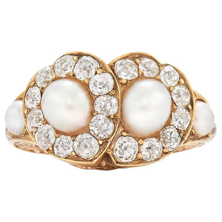 19th Century Pearl and Diamond Twin Hearts Ring