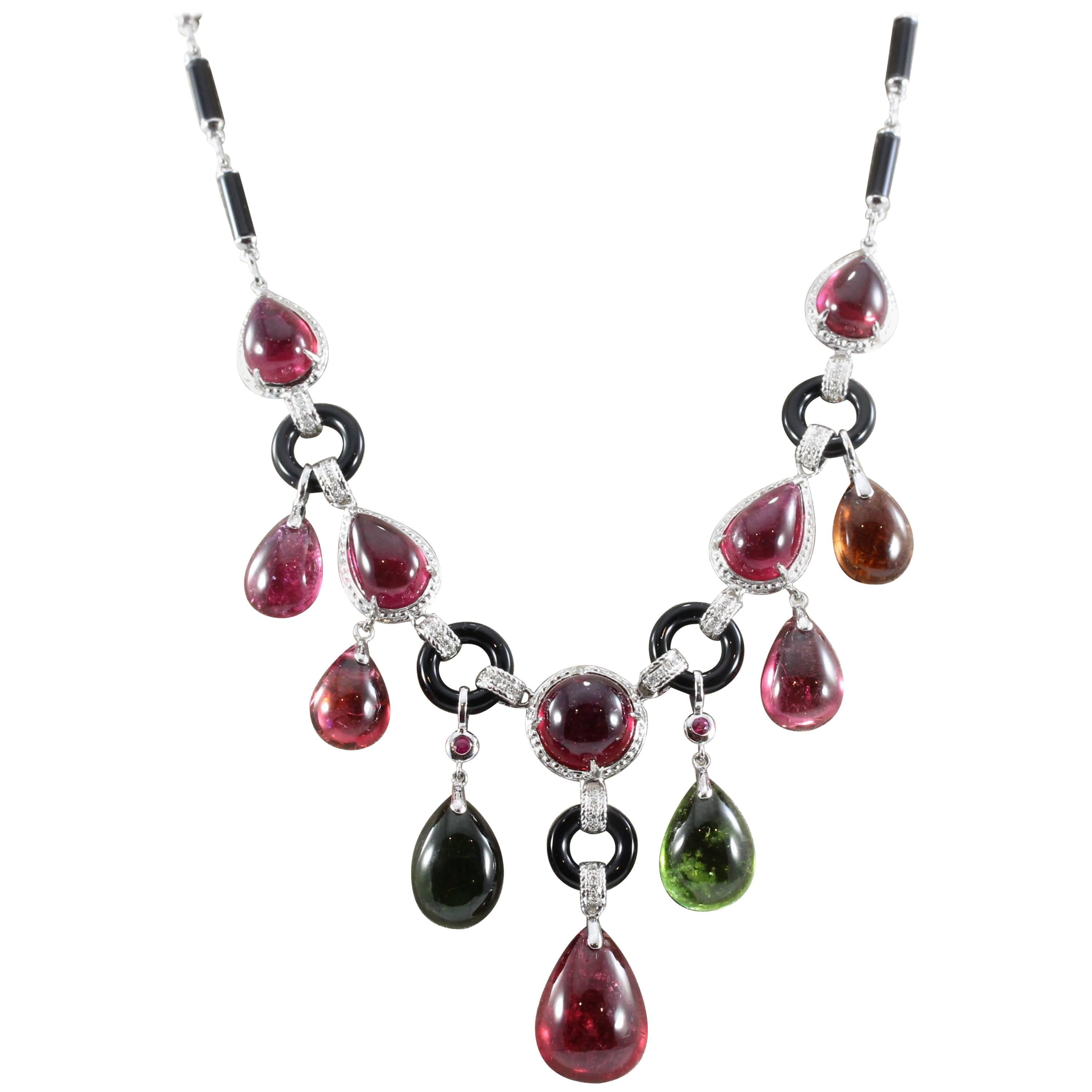 Multi-Color Cabochon Tourmaline Onyx Diamond Gold Drop Necklace