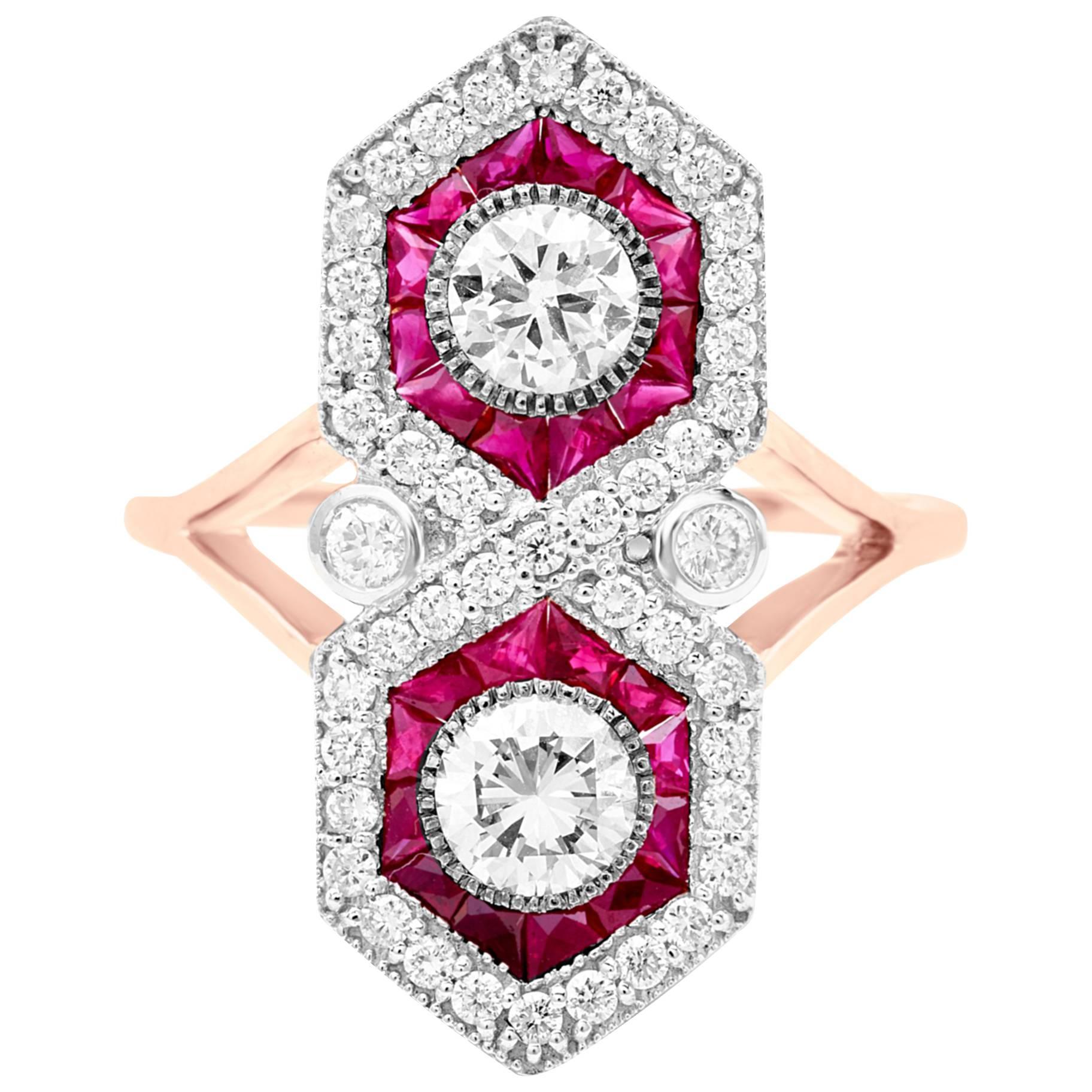 Geometric Double Ruby and Diamond Ring For Sale
