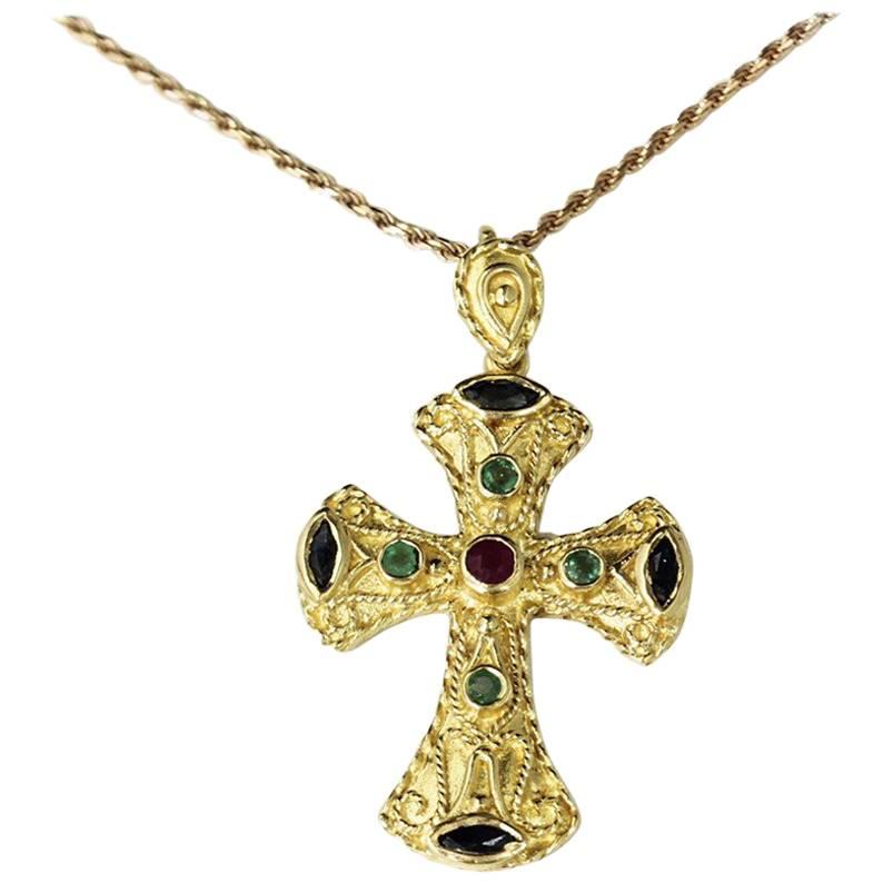 Ruby Emerald and Sapphire Gold Cross Pendant For Sale