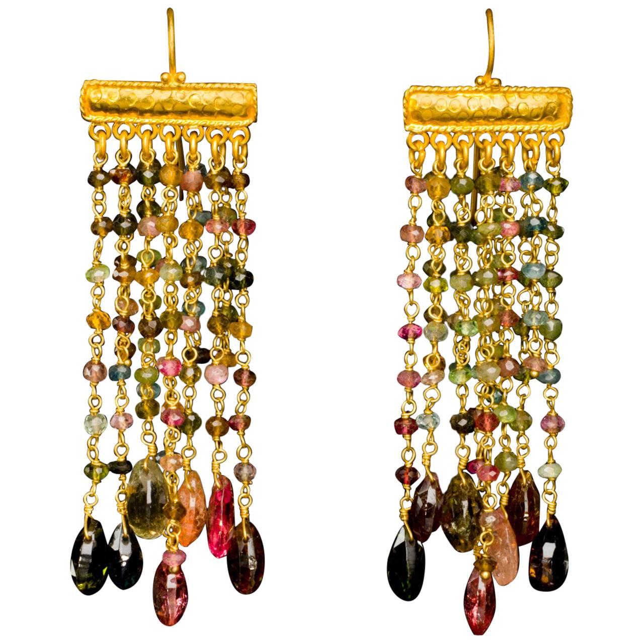 Dancing Apsara Tourmaline and Gold Chandelier Bead Earrings For Sale
