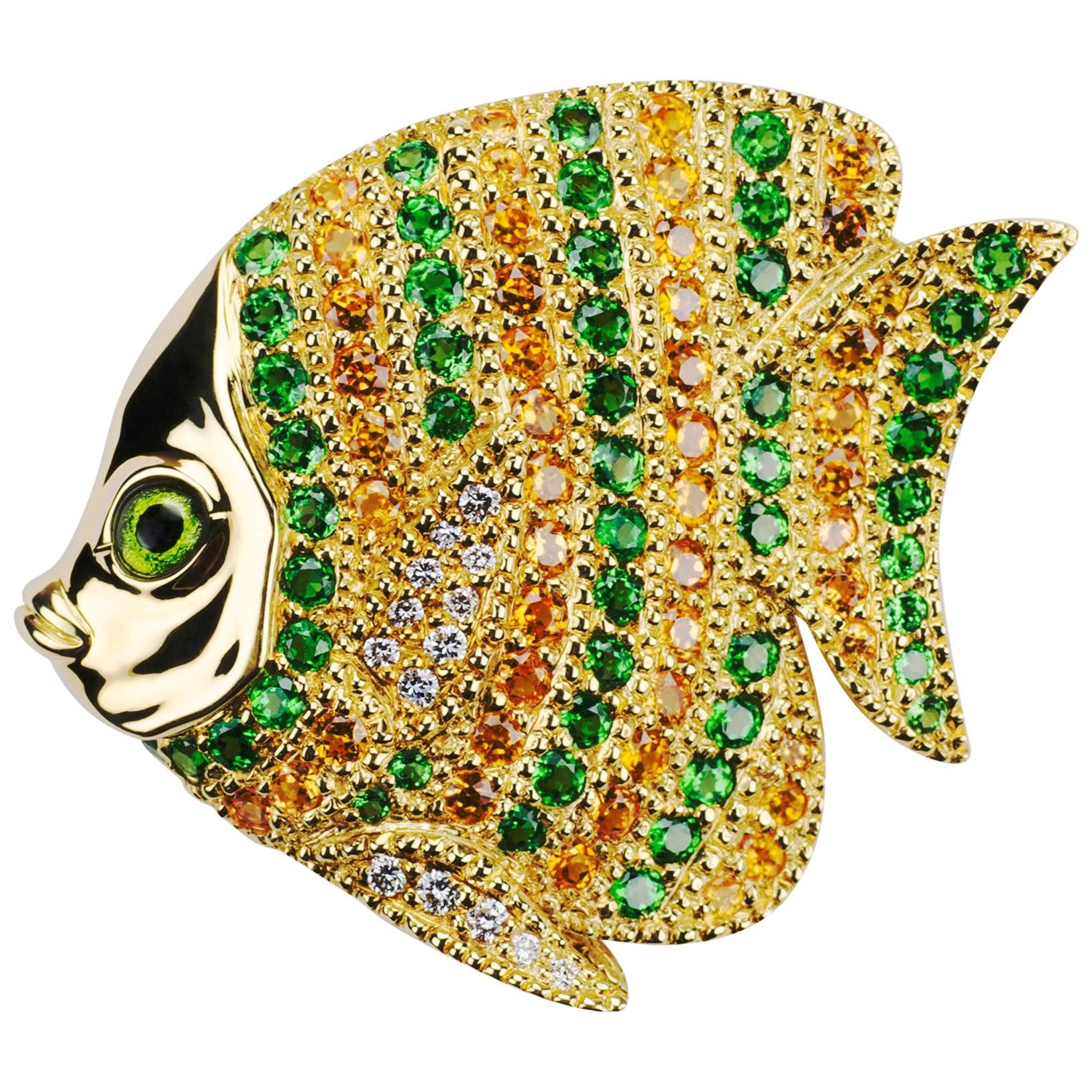 Yellow Gold Tropical Fish Tsavorite Mandarin Garnets White Diamonds Brooch For Sale
